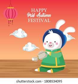 rabbit cartoon in traditional cloth with tea pot cup and lantern design, Happy mid autumn harvest festival oriental chinese and celebration theme Vector illustration