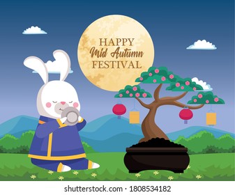 rabbit cartoon in traditional cloth with tea cup and tree design, Happy mid autumn harvest festival oriental chinese and celebration theme Vector illustration