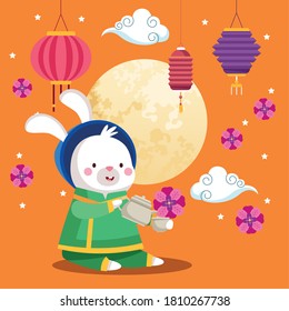 rabbit cartoon in traditional cloth with tea pot and cup design, Happy mid autumn harvest festival oriental chinese and celebration theme Vector illustration