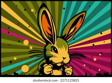 Rabbit cartoon vector illustration in grunge punk design. Bunny trendy art.