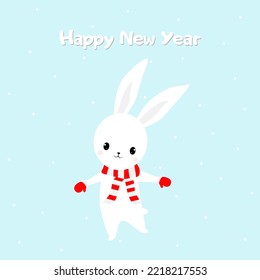 Rabbit cartoons, snowflakes on blue background vector illustration. Cute childish print. Greeting card Happy New Year.