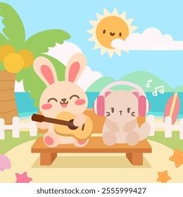 Rabbit and cat friends on a beach day. A cute illustration of a rabbit playing guitar and a cat listening to music on a sunny beach.