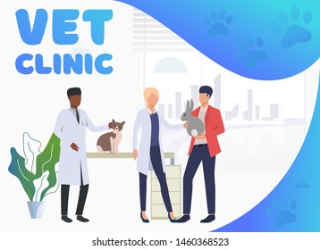 Rabbit and cat owner visiting veterinarians in vet clinic. Pet treatment, consultation, animal concept. Poster or landing template. Vector illustration for topics like health, vet clinic, veterinary