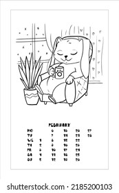The rabbit in the chair drinks cocoa. Bunny. Home comfort. Cozy winter. Coloring book for children. Vector illustration isolated on white background. Calendar, February.