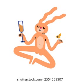 Rabbit with champagne and cheese. Funny bunny character enjoying festive holiday, relaxing, holding alcohol glass. Comic cute hare drinking. Flat vector illustration isolated on white background