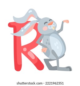 Rabbit character with alphabet letter r vector illustration. Cute comic animal with ABC for preschool children book isolated on white background. Education concept