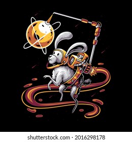 A rabbit character chasing the moon mounted on it