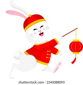 Rabbit character in chinese outfit. Happy Chinese New Year. The year of rabbit. Vector illustration.