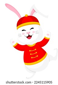 Rabbit character in chinese outfit. Happy Chinese New Year. The year of rabbit. Vector illustration.