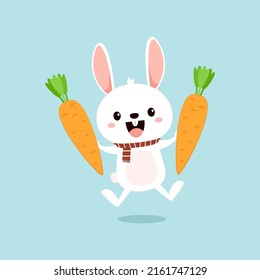 Rabbit character design. Cute white bunny with carrot. Rabbit cartoon vector collection.