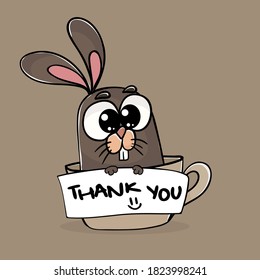 Rabbit Character design holding card with text thank you. Hand drawn text Thank you on illustration in kids doodle style. Picture with vector funny animals and placard
