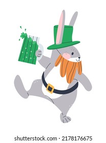 rabbit character dressed up for st. patrick's day celebration. dancing hare with green drink. flat vector illustration, eps10