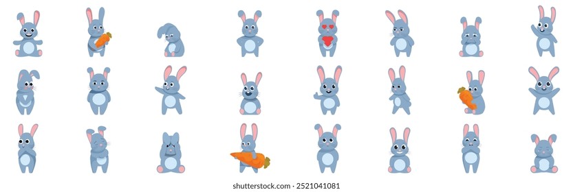 Rabbit character emotions icons set. Collection of adorable cartoon rabbits expressing various emotions, perfect for adding a touch of whimsy to your projects