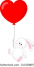 Rabbit character with heart air balloon for valentines day. Cite cartoon bunny, vector illustration.