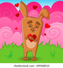 Rabbit Character with Hearts, Hand Drawn Cartoon, Background with Pink Waves, Vector Illustration EPS 10