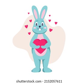 The rabbit character holds a heart in his hands. Valentine's Day, February. Flat cartoon vector illustration