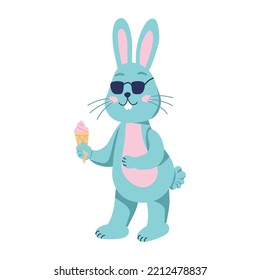 Rabbit is a character with ice cream. Flat vector illustration