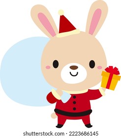Eine Kaninchen-ZeichentrickIllustration, die als süßer Weihnachtsmann mit Geschenk verkleidet ist