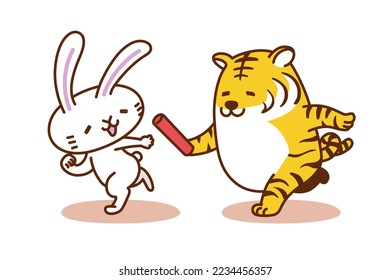 Rabbit character illustration series "Rabbit receiving baton from a tiger"