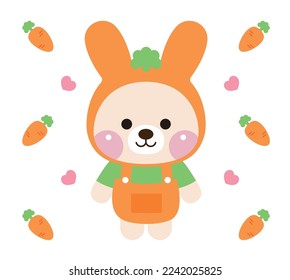Rabbit character illustration set with cute and smiling expressions. The rabbit character is wearing a carrot hat and the background is a carrot and heart pattern.