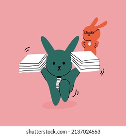 Rabbit character. Office workers and supervisors. Cartoon vector on pink background. Decorative vector illustration.