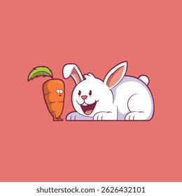 Caráter de coelho no chão olhando para uma ilustração de vetor de caráter de cenoura. Mascote, conceito de design animal.