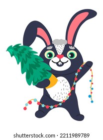 Rabbit character preparing for winter holiday and celebration of xmas and new year. Isolated bunny personage holding glowing garlands and christmas pine tree ready to decorate. Vector in flat style