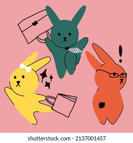 Rabbit character. Supervisors and office workers. On a pink background. Vector illustration for decoration.