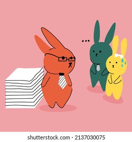 Rabbit character. Supervisors and office workers. Hand drawn vector. On a pink background. Decorative vector illustration.