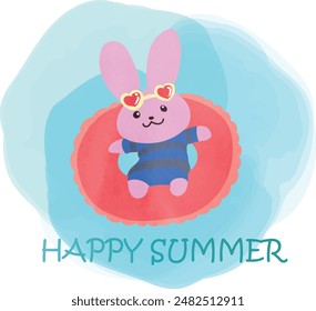 Rabbit character wearing a float, sunglasses, and swimsuit
