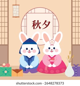 A rabbit character wearing hanbok and decorum in a traditional interior Korean Translation: Korean Thanksgiving Day