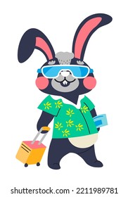 Rabbit character wearing vacation tshirt, sunglasses and holding ticket to flight. Isolated bunny personage ready for weekends, hare with small luggage for trip, traveling. Vector in flat style