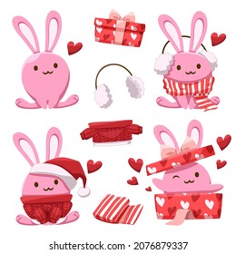 Rabbit characters with a variety of moods and gestures for Christmas decorations include gift boxes, Santa, sweaters, earmuffs, scarves to decorate websites and cards. 