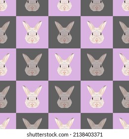 Rabbit checkerboard seamless pattern. Vector illustration