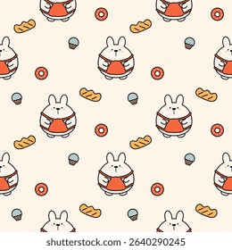 Rabbit chef cartoon so cute. On bread donut cupcakes background. Pattern seamless vector illustration. 