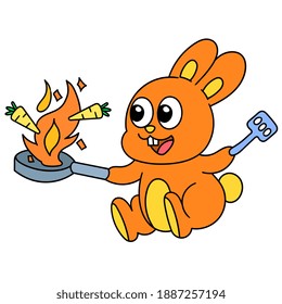 Rabbit as a chef is cooking carrots, doodle icon image. cartoon caharacter cute doodle draw
