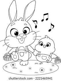 Rabbit and chick cartoon walking hand in hand and carrying a basket of Easter eggs.