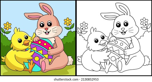 Rabbit And Chick Hugging Easter Egg Illustration