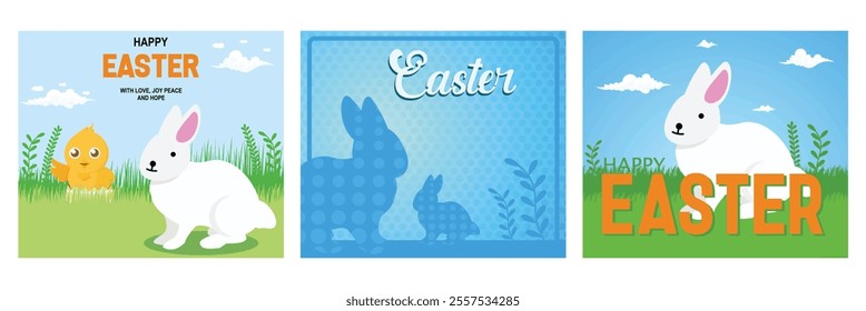 Rabbit and Chick in a Peaceful Spring Meadow. Bunny Silhouettes and Polka Dot Background. Happy Easter greeting with cute Easter bunny on fresh grass. Set flat vector modern illustration 