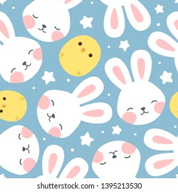 Rabbit and chick Seamless Pattern Background, Scandinavian Happy bunny with cloud, easter. cartoon rabbit vector illustration for kids nordic background
