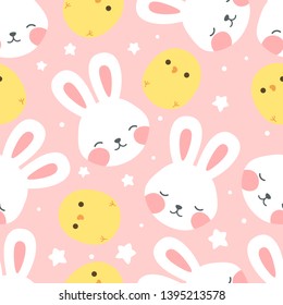 Rabbit and chick Seamless Pattern Background, Scandinavian Happy bunny with cloud, easter. cartoon rabbit vector illustration for kids nordic background