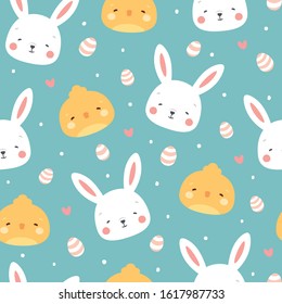 Rabbit and chick Seamless Pattern Background, Scandinavian Happy bunny with cloud, easter. cartoon rabbit vector illustration for kids nordic background