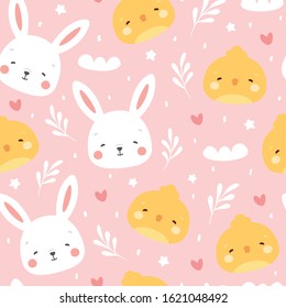 Rabbit and chick Seamless Pattern Background, Scandinavian Happy bunny with cloud, easter. cartoon rabbit vector illustration for kids nordic background