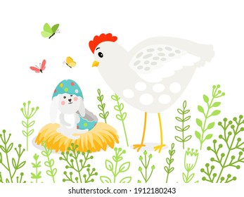 Rabbit and chicken in branches. Cartoon elements for celebrate easter, butterflies around cute bunny with broken egg, vector illustration concept of spring holiday