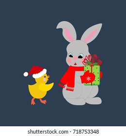 Rabbit and chicken on the blue background. Vector illustration