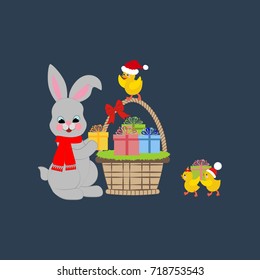 Rabbit and chicken on the blue background. Vector illustration