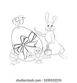 Rabbit and chicks painting easter eggs vector illustration outline on the white background.