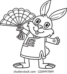  Rabbit Chinese Fan Isolated Coloring Page