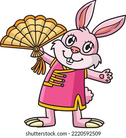 Rabbit Chinese Hand Fan Cartoon Colored Clipart