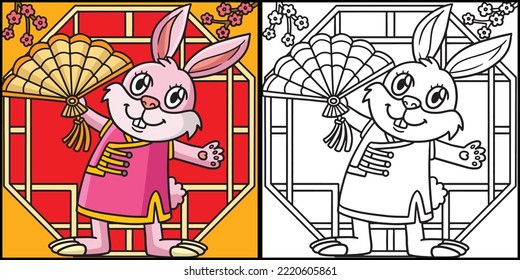 Rabbit Chinese Hand Fan Coloring Illustration